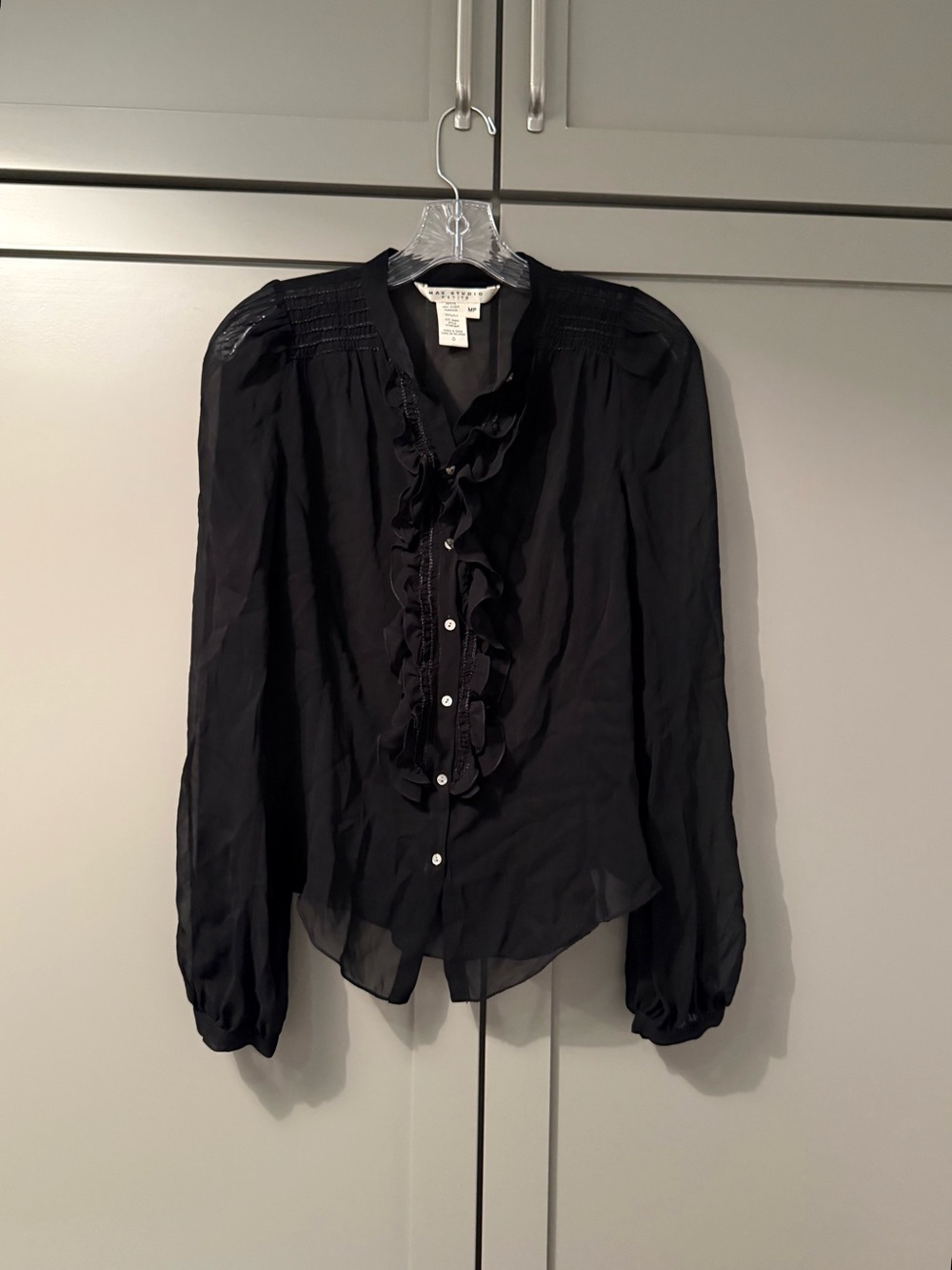 Max Studio 100% Silk Petite Black Sheer Ruffle Front Button-Down Blouse
